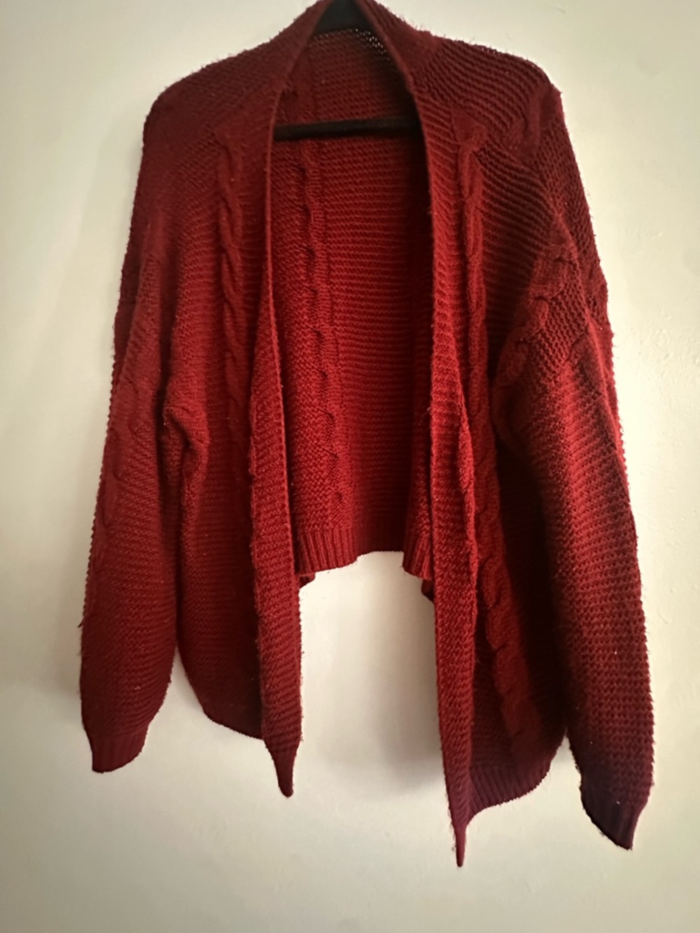 SHEIN Cable-Knit Open-Front Cardigan - Burgundy